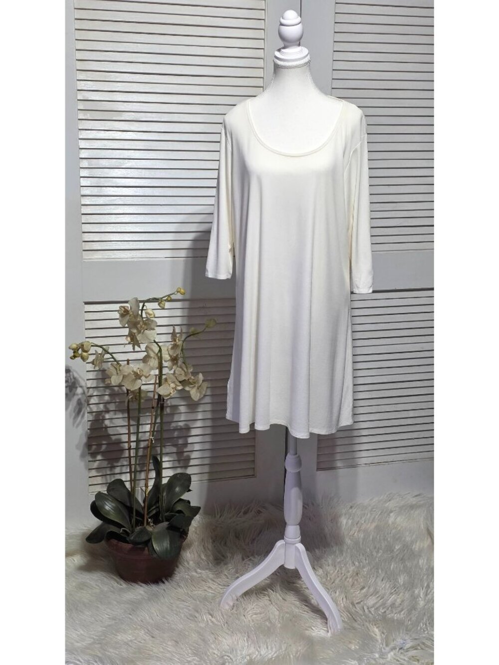 NWT Eileen Fisher Woman's Ecru 100% Silk 3/4 Sleeve Relaxed Fit Tunic Sz 2X 3895